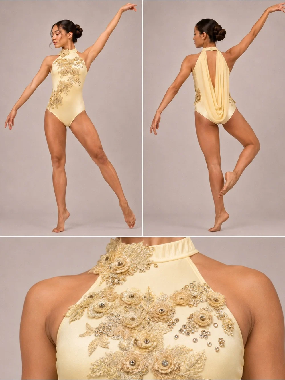 Glamour solo dance costume leotard pale yellow embellished rhinestone lace MC